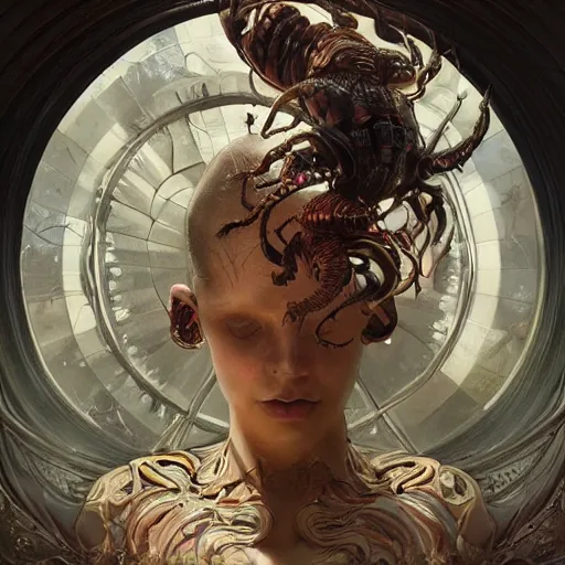 Image similar to whirling ornate intricate portrait of a twisting bloodied filigreed insect, muscles, rippling, warping, ultra realistic, concept art, intricate details, eerie, highly detailed, photorealistic, octane render, 8 k, unreal engine. art by artgerm and greg rutkowski and alphonse mucha