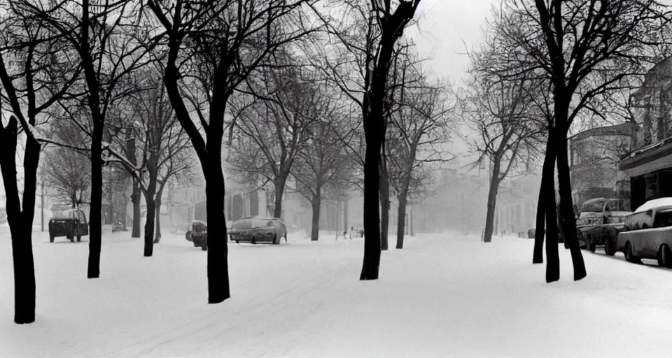 Image similar to image of a street in the winter, black and white photograph by andre kertesz