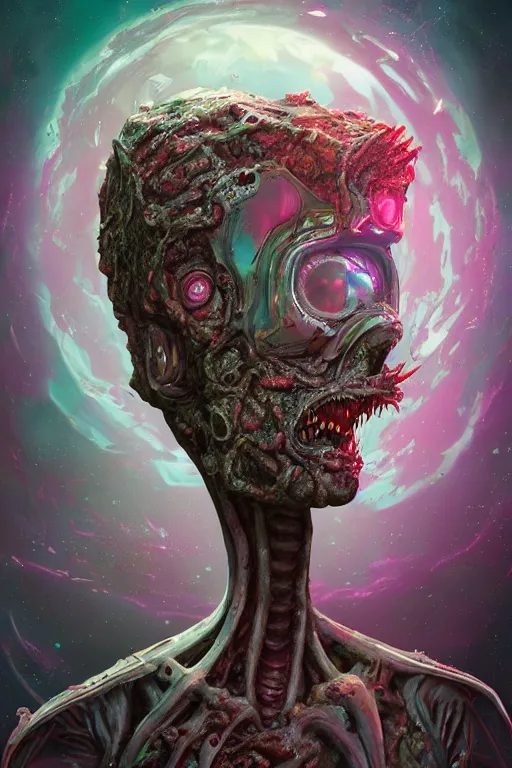 Image similar to rick and morty fused with a lovecraft space zombie wearing a damaged helmet, photo, portrait, 3d, high details, intricate details, by vincent di fate, artgerm julie bell beeple, 90s, Smooth gradients, octane render, 8k, High contrast, duo tone, depth of field, very coherent symmetrical artwork