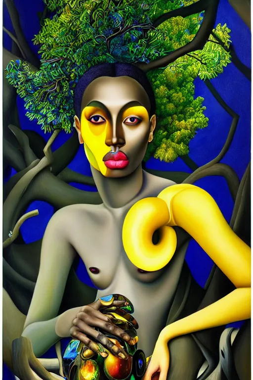 Image similar to hyperrealistic deconstructed super expressive! black woman with exoskeleton armor, merging with tree in a forest, highly detailed digital painting masterpiece smooth de lempicka hannah yata dramatic pearlescent blue yellow light ground angle hd 8k sharp focus