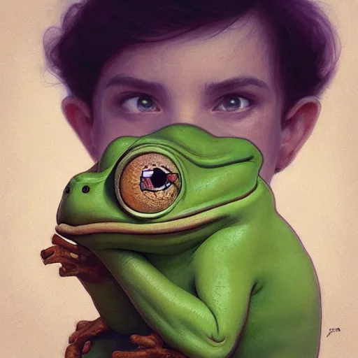 Prompt: Portrait of Little Pepe the frog playing with a big human face banana, intricate, wild, highly detailed, digital painting, artstation, concept art, smooth, sharp focus, illustration, art by artgerm and greg rutkowski and alphonse mucha