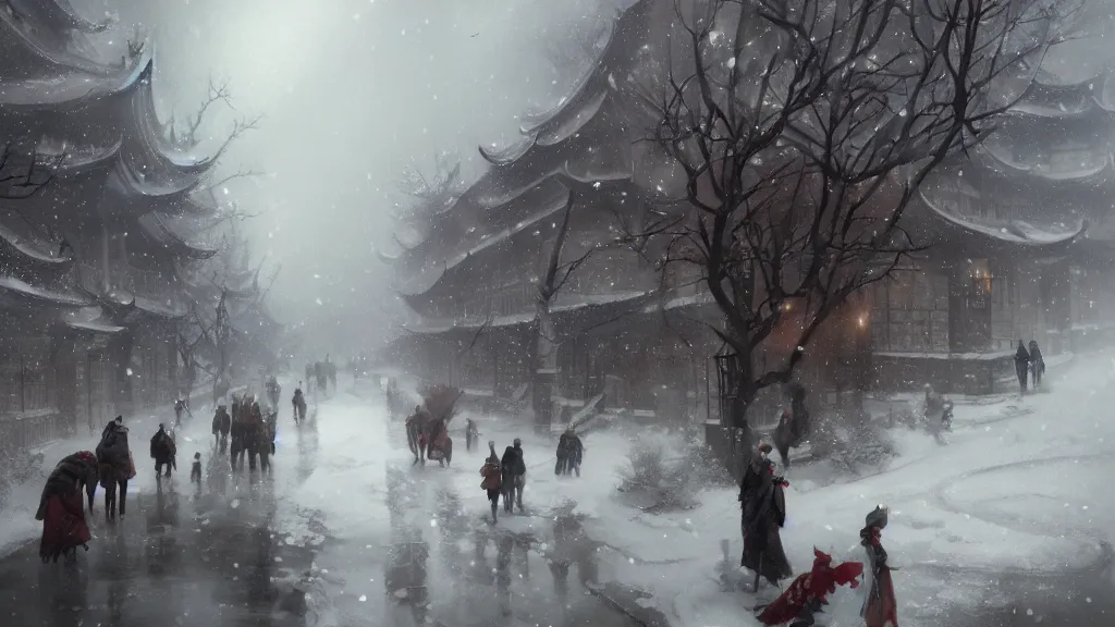 Image similar to winter in Peking ,by Charlie Bowater, by Greg Rutkowski