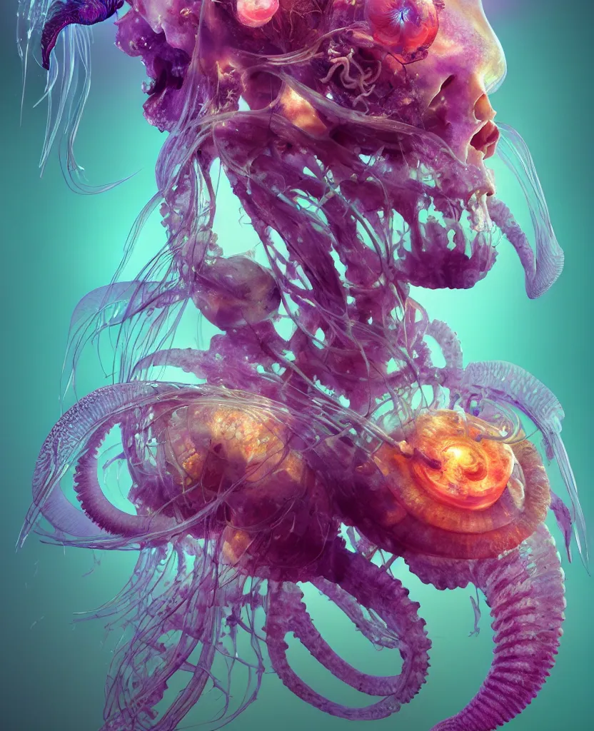 Image similar to goddess close-up portrait ram skull, thorax, x-ray, backbone, jellyfish phoenix head, nautilus, orchid, skull, betta fish, bioluminiscent creatures, intricate artwork by Tooth Wu and wlop and beeple. octane render, trending on artstation, greg rutkowski very coherent symmetrical artwork. cinematic, hyper realism, high detail, octane render, 8k