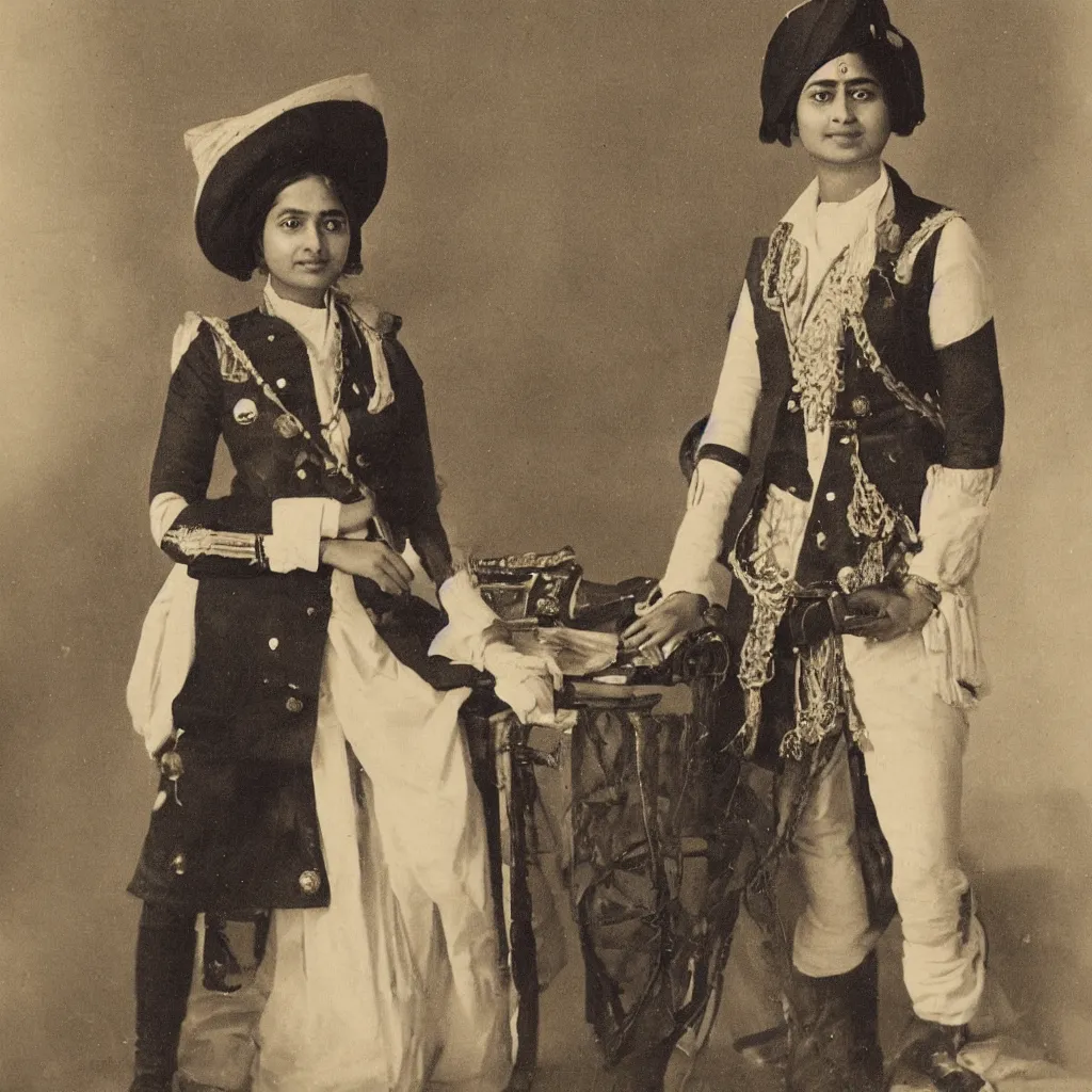 Prompt: A photo of a young Indian woman admiral in the Royal Navy, wearing an 18th century waistcoat, breeches and a tricorn hat