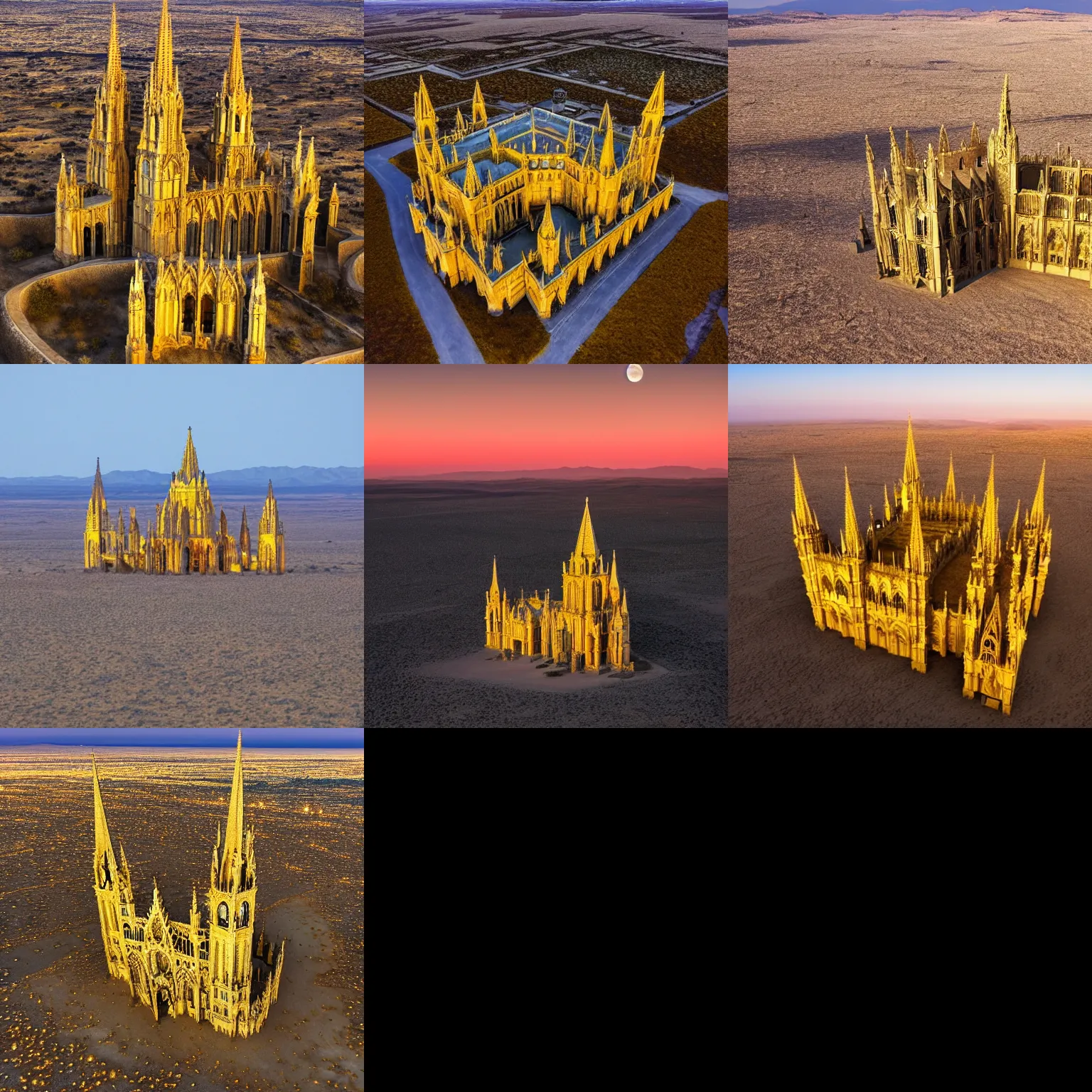 Prompt: a really big gothic chathedral made of gold in a desert plateau,view from above,8k,full moon,night time