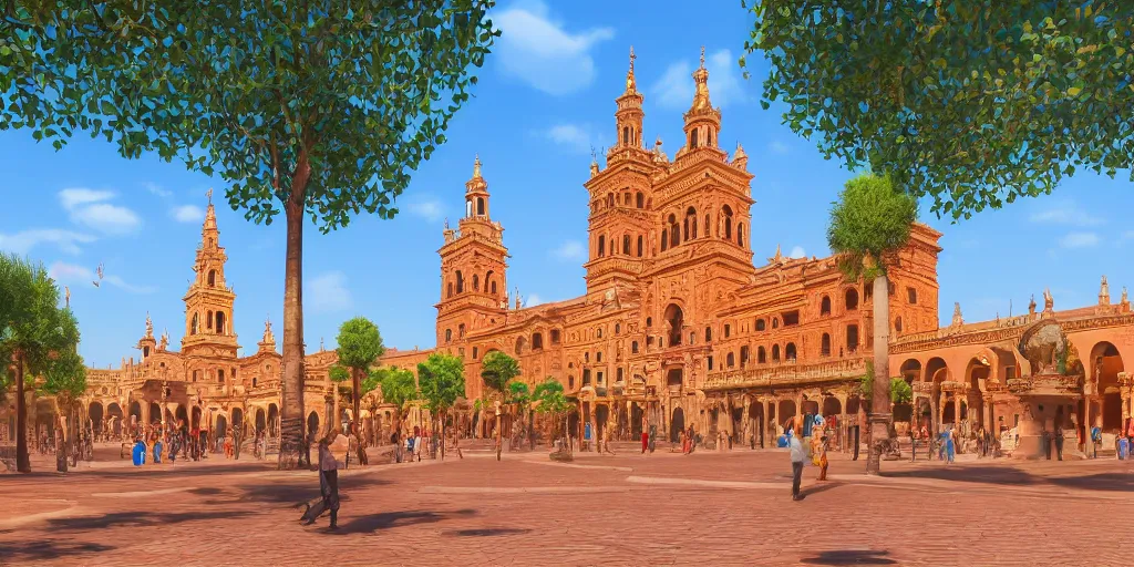 Image similar to ultra detailed and realistic painting of la plaza de espana ( seville ) inspired by very beautiful cute and colored disney movie backgrounds, rendered in 8 k unreal engine