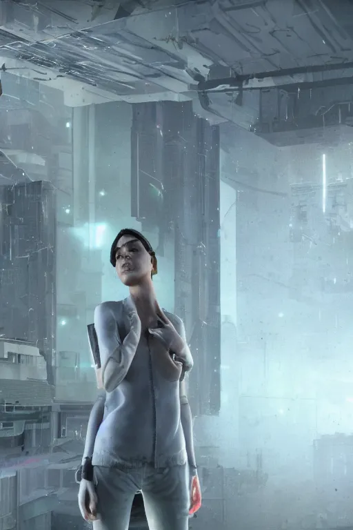 Image similar to a cyberpunk woman awakening from a test tube, opening her eyes for the first time, conceiving the dystopian world around her, illustrated by greg rutkowski, roger magrini, richard mortensen and leticia gillett, dramatic lighting, envious atmosphere, daz 3 d, unreal engine 5, cgsociety contest winner, 4 k