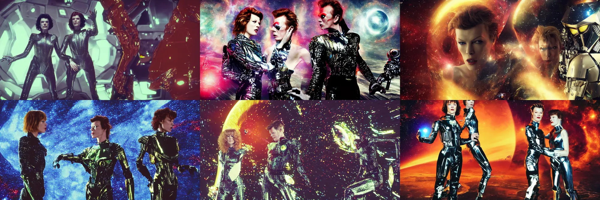 Prompt: milla jovovich and david bowie wearing a rocknroll glitzy glamour spacesuit, psychedelic, surreal, beautiful, heroic action pose, a friendly android, stunning alien landscape, cinematic, dramatic studio lighting, wide shot, in the style of kubrick, ridley scott, jodorowsky, dune, star wars, transformers, moulin rouge, illustration, octane render 8 k