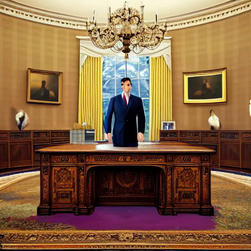 Image similar to hyperrealistic mixed media image of a illustrious duck in a tiny blazer and tie standing in the desk in the oval office, stunning 3 d render inspired art by istvan sandorfi and greg rutkowski, perfect facial symmetry, realistic, highly detailed attributes and atmosphere, dim volumetric cinematic lighting, 8 k octane extremely hyper - detailed render, post - processing, masterpiece,