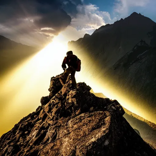 Prompt: a man climbing up a rocky mountain, no ropes, highly cinematic, dramatic, beautiful lighting, god rays, award winning photograph, national geographic, highly detailed, 4k