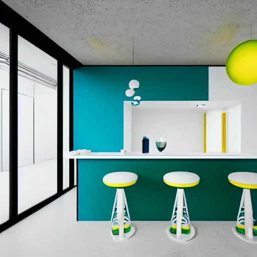 Prompt: bar in minimalist design, white colour with blue yellow and green elements, mirror's edge style