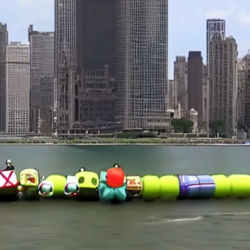 Image similar to live cnn footage of a katamari rolling down chicago's lake shore drive, 4 k screen capture