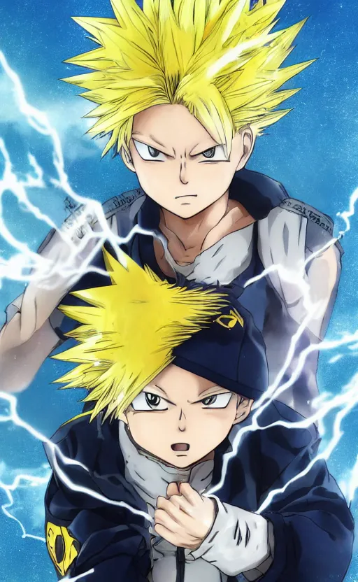 Prompt: Anime key visual of a young boy with spikey yellow hair and lightning powers, portrait, white background, Illustrated by Kohei Horikoshi, high quality face, detailed eyes, big eyes, official media, 8k, anime, detailed, HD, trending on artstation, Illustrated by Akira Toriyama