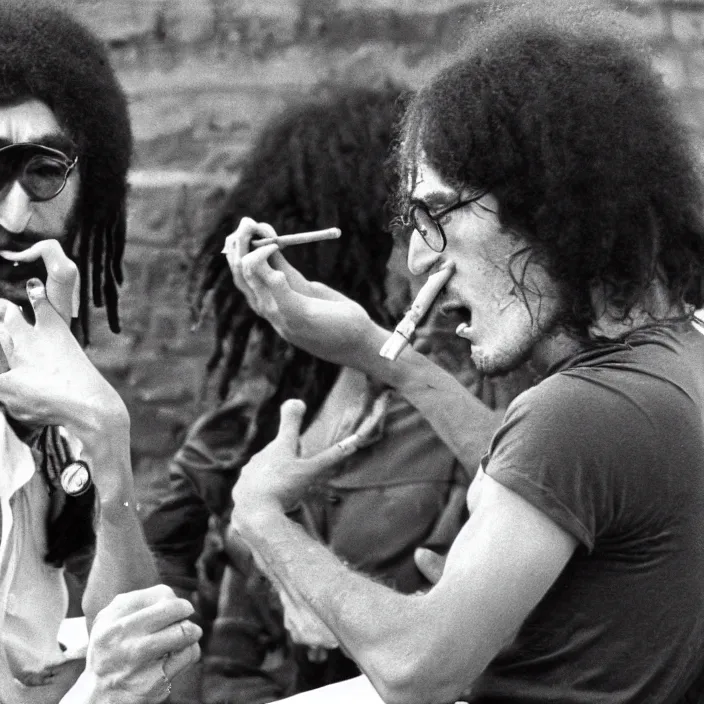 Image similar to john lennon smoking a joint with bob Marley, photograph by Willy Spiller, 1970s