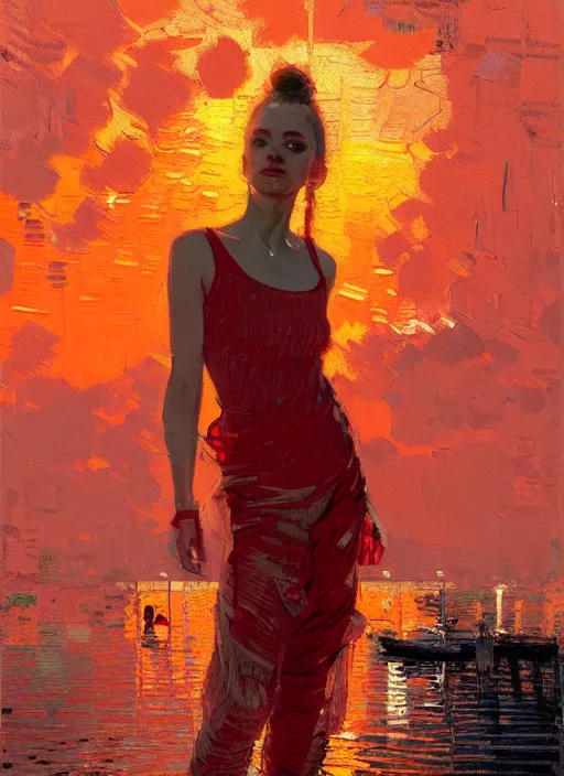 Prompt: portrait of beautiful girl, ibiza, sunset, shades of orange and red, beautiful face, rule of thirds, intricate outfit, spotlight, by greg rutkowski, by jeremy mann, by francoise nielly, by van gogh, digital painting