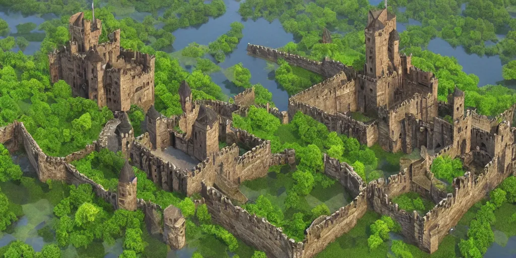Prompt: medieval castle in a jungle with towers and moat, 3 d, isometric, polygon