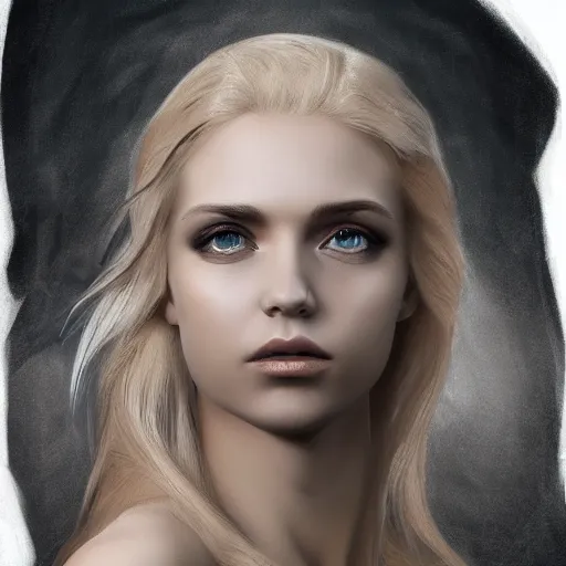 Prompt: very pretty blond female angel with large wings in a dark cave, perfect symmetrical face, shallow depth of field, moody lighting, 8 k, concept art, in the style of martina fackova,