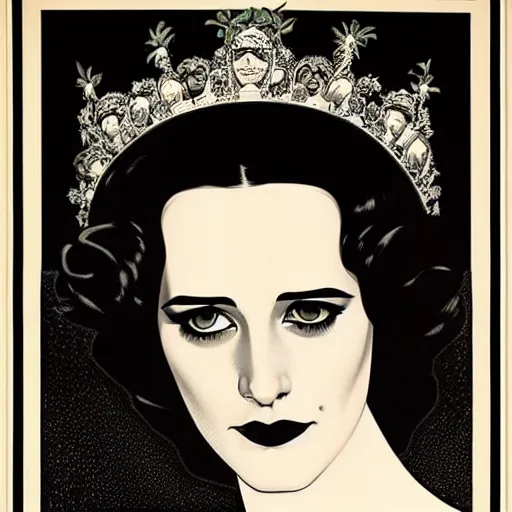 Prompt: black and white portrait of the young actress, eva green as queen of the emerald dead, comic art by joshua middleton, art by coles phillips, vamp, elegant, decadent, stylised comic art, klimt, mucha, 1 9 7 0 s poster,