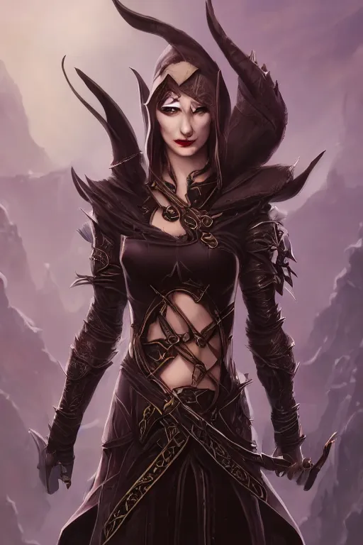 Prompt: Portrait of a female Elf Rogue named \'Mistress of Death\', high fantasy, epic, black leather armor, detailed face, pretty, dagger, smoke, by Leng Jun, trending, artstationHD, artstationHQ, cgsociety, octane, ultra HD, 8k