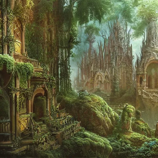 Image similar to a beautiful and highly detailed matte painting of an elven temple in a magical fantasy garden in a lush forest, intricate details, epic scale, insanely complex, 8 k, sharp focus, hyperrealism, very realistic, by caspar friedrich, james gurney and brian froud,