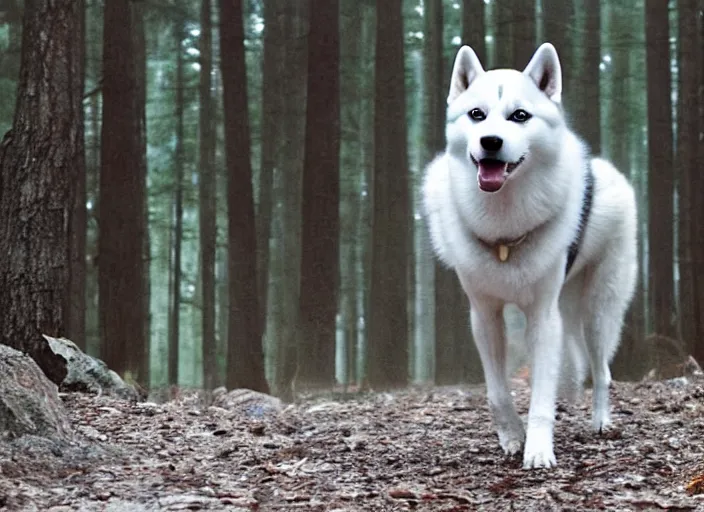 Image similar to film still of an anthropomorphic standing upright man dog white vested husky!!!!!! in a white vest wearing a white vest!!!!! in the new sci - fi movie, 8 k