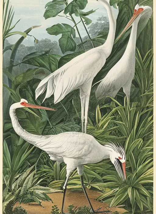 Image similar to tiger hunting a white crane, tropical plants, botanical, large exotic flowers, biology, by artist john audubon