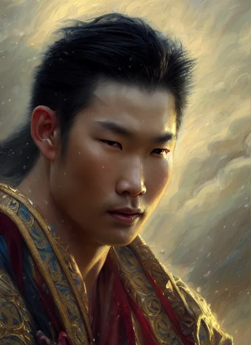 Prompt: young asian man, god of rain, flowing robes, powerful, smug expression, highly detailed painting by gaston bussiere, craig mullins, j. c. leyendecker 8 k, sparkling storm clouds