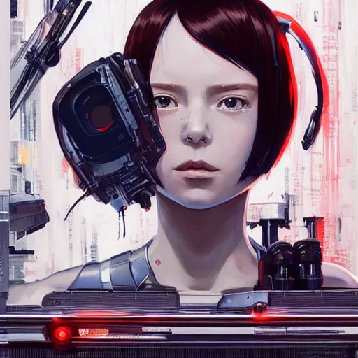 Image similar to A cyborg girl with big and cute eyes, fine-face, realistic shaded perfect face, fine details. red, black and white robotic parts. realistic shaded lighting poster by Ilya Kuvshinov katsuhiro otomo ghost-in-the-shell, magali villeneuve, artgerm, Jeremy Lipkin and Michael Garmash, Rob Rey and Kentarõ Miura style, trending on art station