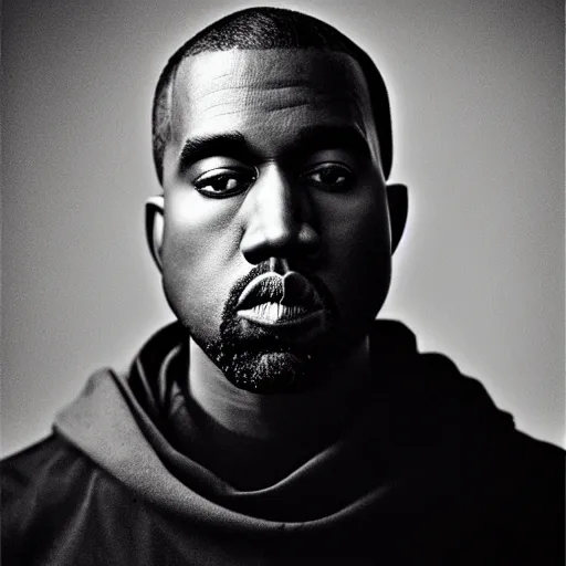 Image similar to a chiaroscuro lighting portrait of kanye west dressed as rick owens, black background, portrait by julia margaret cameron, shallow depth of field, 8 0 mm, f 1. 8