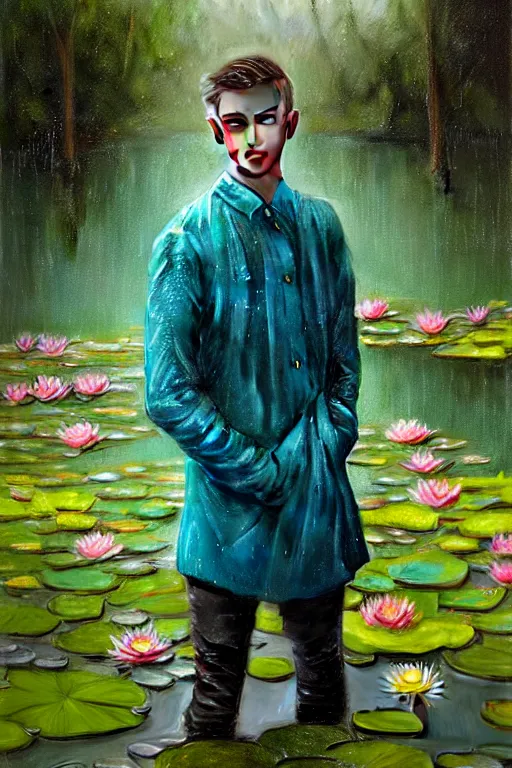 Image similar to light teal portrait of a young man in the rain on pond with waterlilies, fantasy, intricate, elegant, dramatic lighting, emotionally evoking symbolic metaphor, highly detailed, lifelike, photorealistic, digital painting, artstation, concept art, smooth, sharp focus, illustration, art by John Collier and Albert Aublet and Krenz Cushart and Artem Demura and Alphonse Mucha