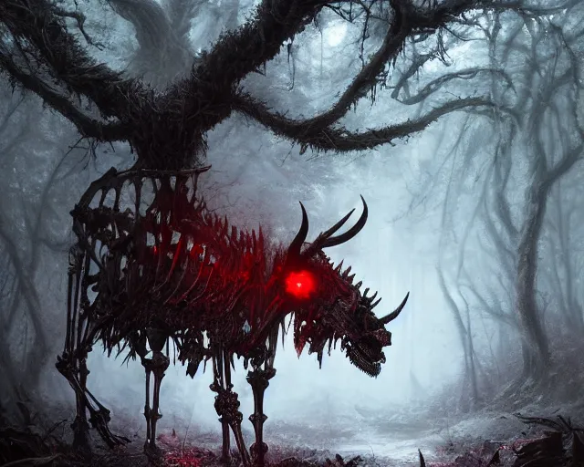 Prompt: 5 5 mm portrait photo of an armored demonic human skeleton with horns and red eyes, in a magical forest. magical atmosphere. art by greg rutkowski. highly detailed 8 k. intricate. lifelike. soft light. nikon d 8 5 0.