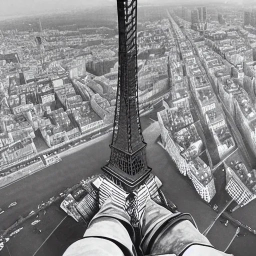 Prompt: two - point perspective landscape of spider man sitting on top of the eiffel tower