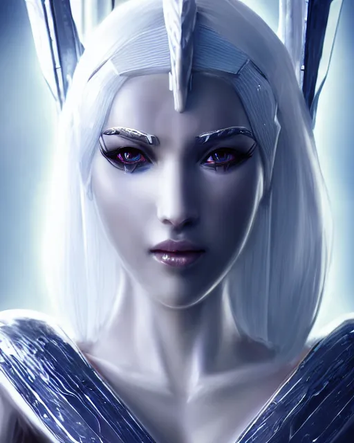 Prompt: perfect white haired attractive egyptian goddess, warframe armor, beautiful, symmetric, dreamy, half asian, pretty face, blue eyes, khaleesi, detailed, scifi platform, laboratory, experiment, 4 k, ultra realistic, epic lighting, android body, illuminated, cinematic, masterpiece, art by akihito tsukushi, voidstar