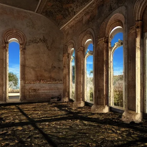 Image similar to time has ended before it even started, luxurious abandoned palace, realistic ground, realistic shadows, illuminated by godrays, reflections, 8 k