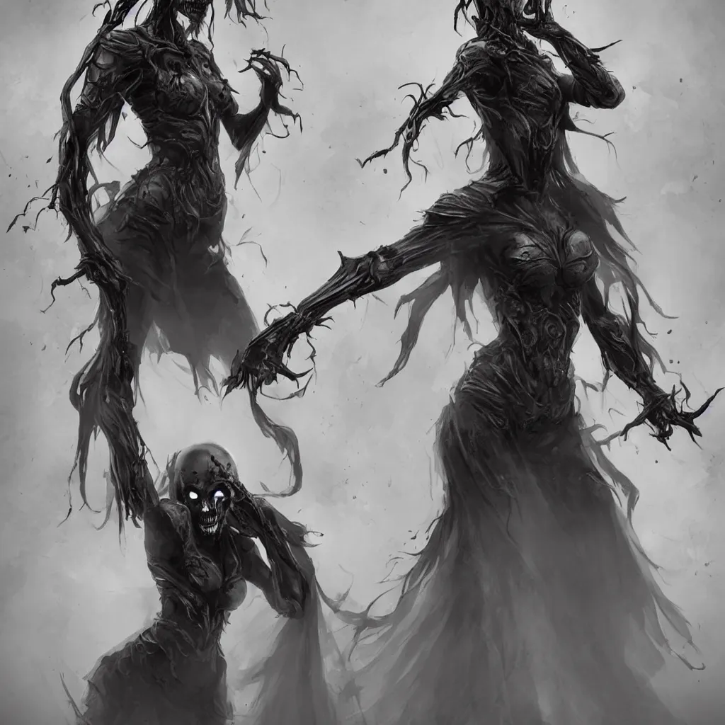 Image similar to female wraith, undead, dynamic pose, skull, terrifying, dark, fog, artstation