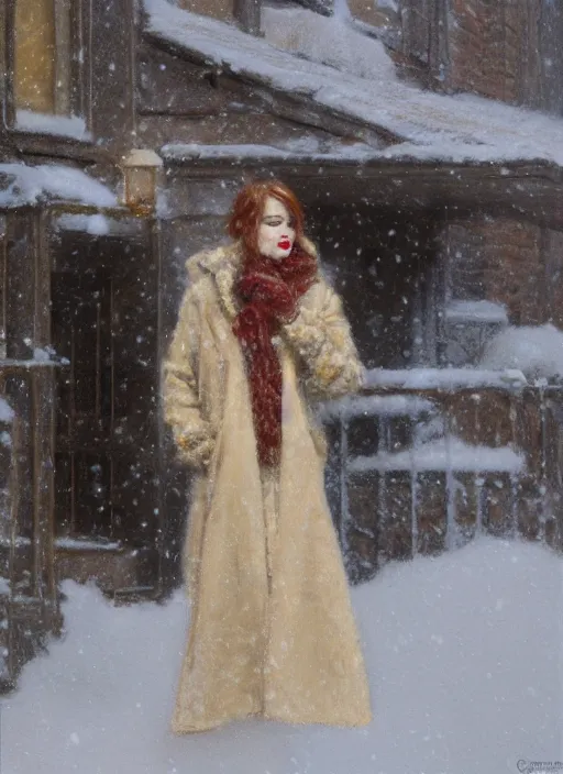 Prompt: emma stone beige coat walking into new york apartment building in winter, close up of wreath on door, snow, artwork by gaston bussiere, craig mullins, trending on artstation