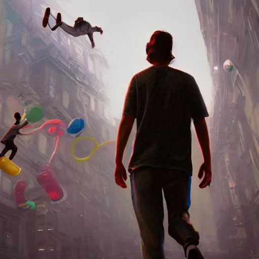 Image similar to a man skateboarding surrounded by inflatables digital painting, artstation, concept art, soft light, hdri, smooth, sharp focus, illustration, intricate, elegant, highly detailed, matte painting, in the style of Greg Rutkowski, 8k, highly detailed