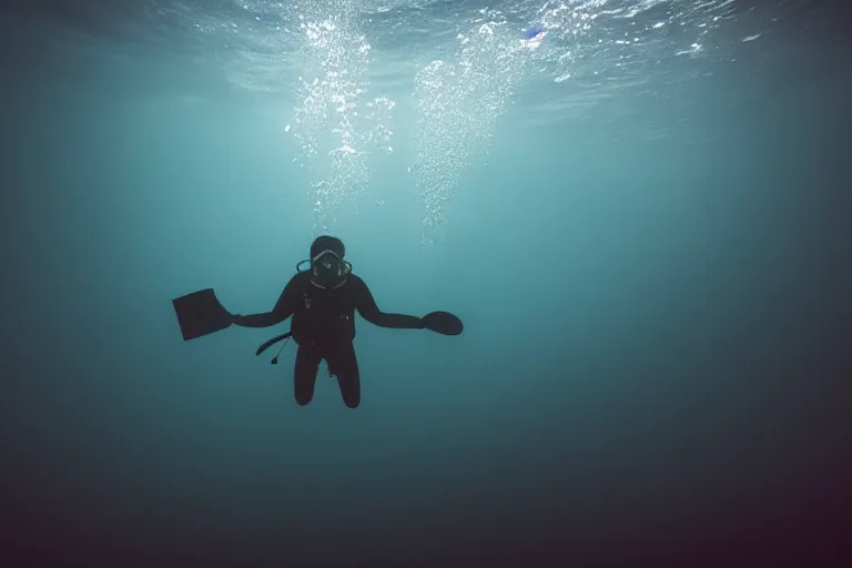 Prompt: a ominous scuba diver swimming underwater, photo-realistic low lighting, creepy, vast, shot by a camera,