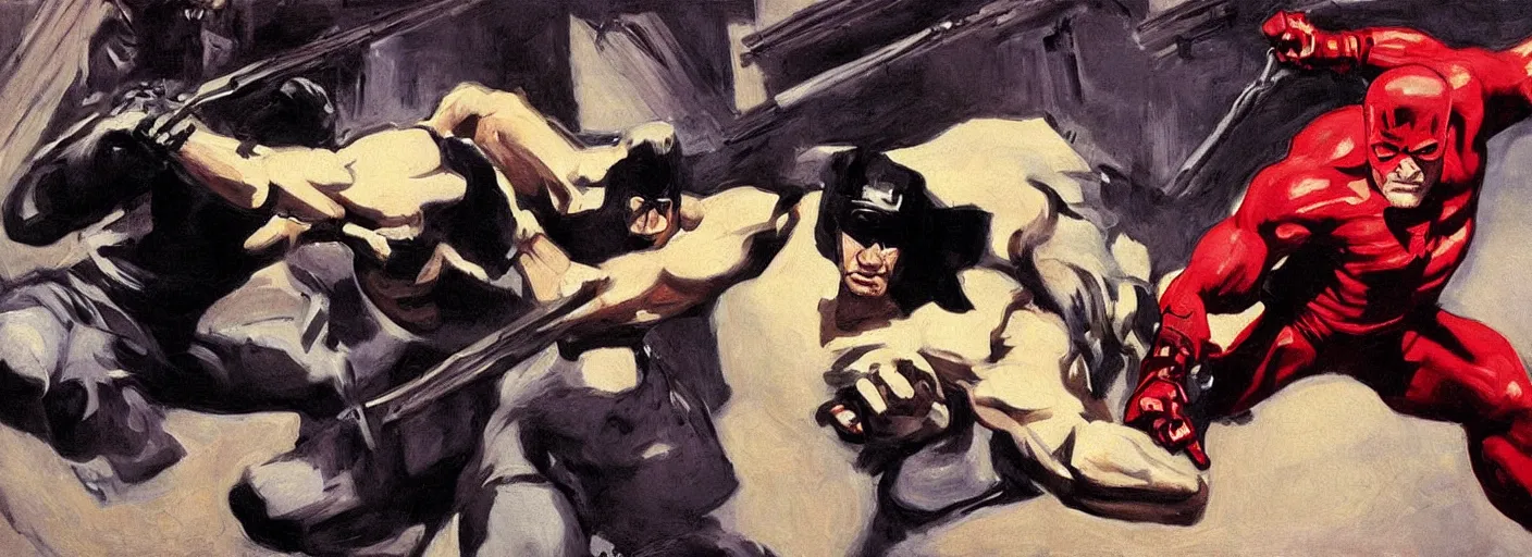 Prompt: clear and very detailed fight scene quarter portrait, daredevil punching the punisher by john singer sargent