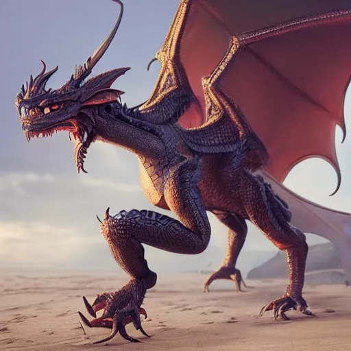 Image similar to a highly detailed beautiful anthropomorphic robot female dragon with smooth and streamlined armor, two arms and two legs, sharp and intimidating claws on her hands and feet, long tail with a blade on the end, doing an elegant pose on the beach, artstation, DeviantArt, professional, octane render