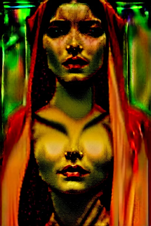 Image similar to Portrait of historically accurate, ancient biblical, sultry, sneering, evil, pagan, wicked, young queen jezebel, wearing gilded red robes, long black hair, intricate, elegant, highly detailed, digital painting, artstation, concept art, smooth, sharp focus, illustration, art by artgerm and greg rutkowski and alphonse mucha and andrei riabovitchev