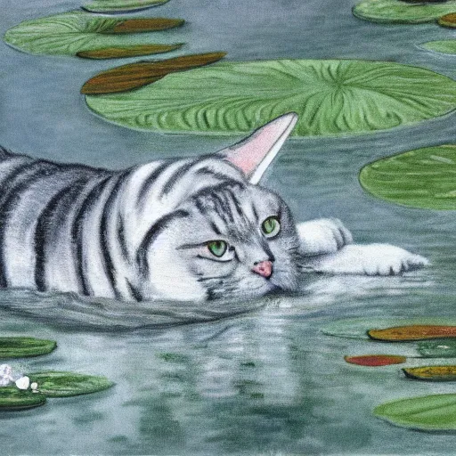 Image similar to a white and grey tabby cat, with a black and grey striped head and a white mouth, stretching on a lilypad floating on a lake, in the style of Water Lilies painting by Monet