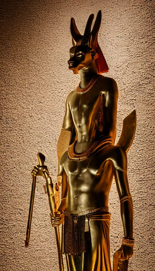 Prompt: a portrait of a statue of the Egyptian god Anubis wearing a gold-rimmed toga. Dark cavern is in the background. Key lighting 8K dslr photograph