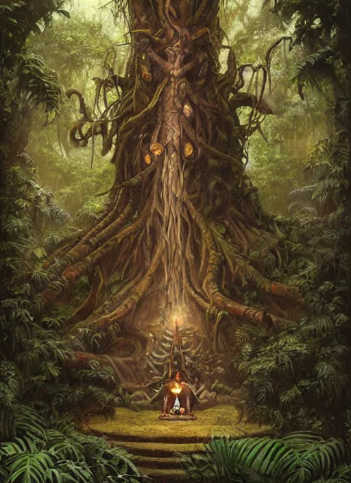 Image similar to a shaman sitting in the jungle, with giant face of an ancestor in a tree behind him, hyper detailed, art by christophe vacher