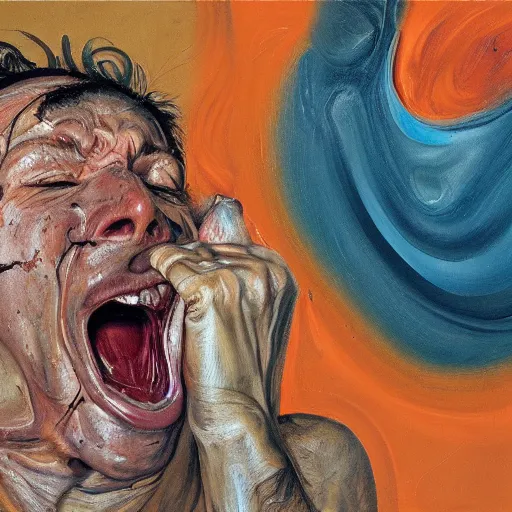 Image similar to high quality high detail painting of a man screaming in agony by lucian freud and jenny saville and francis bacon, hd, anxiety, turquoise and orange