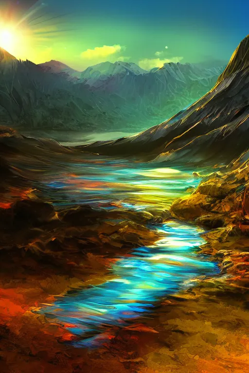 Prompt: sunrise mountain water digital art by arti chauhan trending on artstation