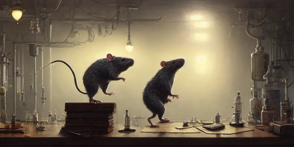 Image similar to highly realistic intricate rat standing on a desk in a laboratory with lots of flasks filled with magic liquids and poisonous fog, stephen bliss, unreal engine, fantasy art by greg rutkowski, loish, rhads, ferdinand knab, ilya kuvshinov, rossdraws, tom bagshaw, global illumination, radiant soft light, detailed and intricate environment