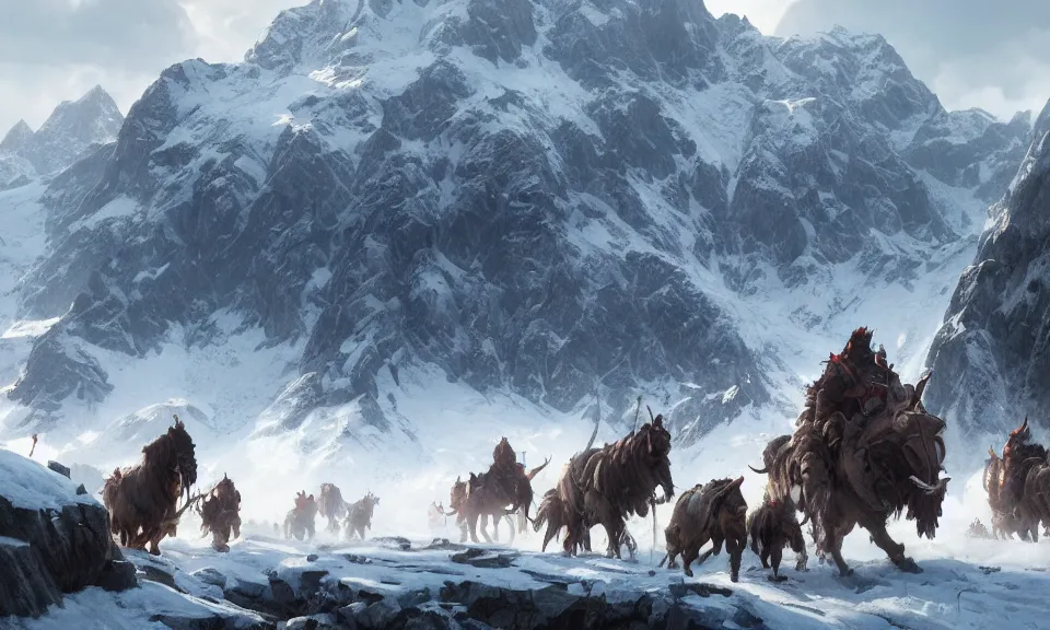 Prompt: The Swiss Alps and convoy of Vikings, Greg Rutkowski, ArtStation, CGSociety, Unreal Engine