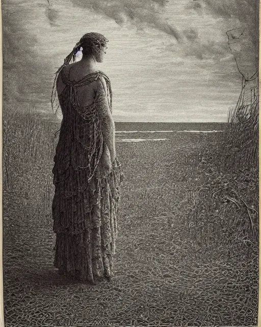 Image similar to a woman standing at the shore, made of intricate decorative lace leaf skeleton, in the style of the dutch masters and gregory crewdson, dark and moody