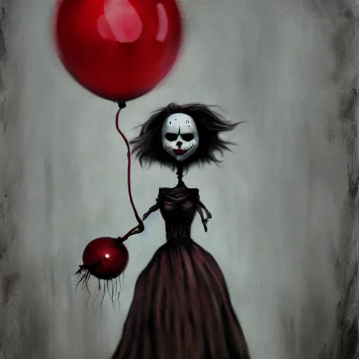 Image similar to grunge painting of creepy pasta with a wide smile and a red balloon by chris leib, loony toons style, pennywise style, corpse bride style, horror theme, detailed, elegant, intricate, Atmospheric phenomenon, artistic photography, conceptual, volumetric light